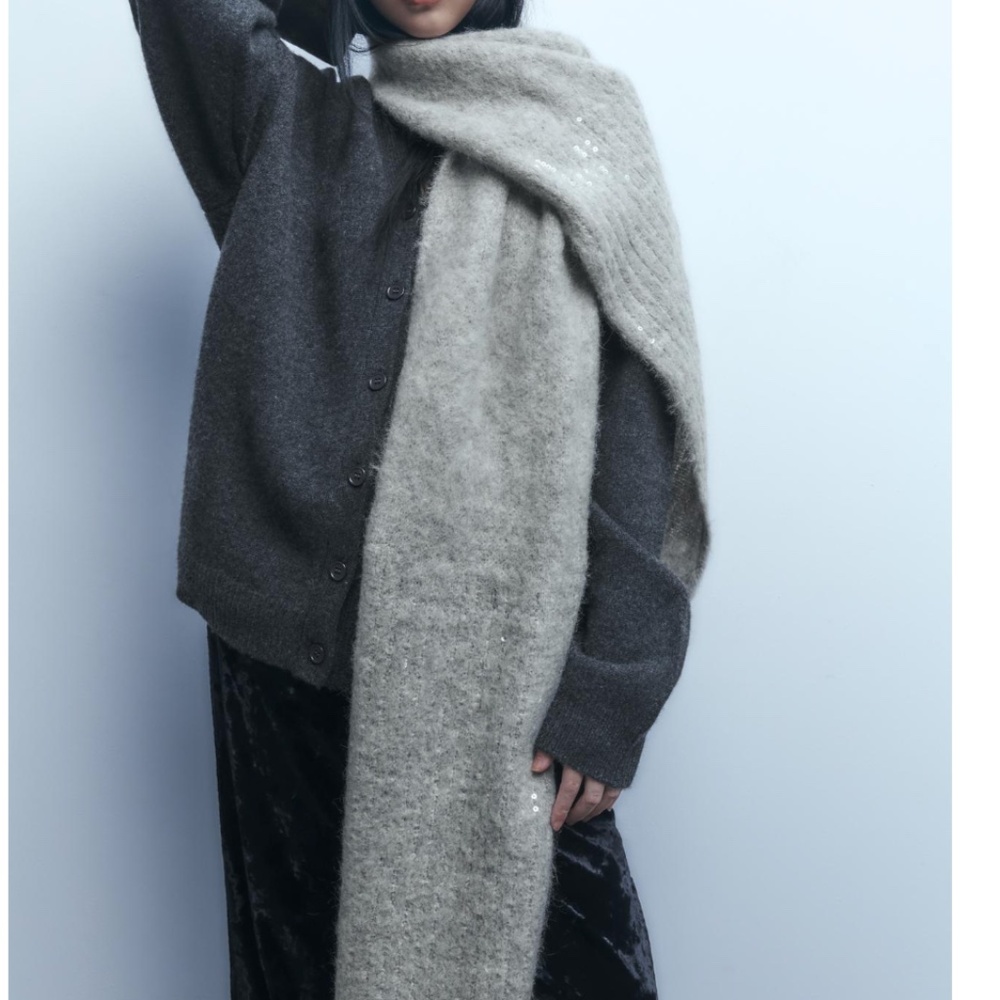 Zara light gray alpaca blend sequin embellished soft scarf wrap NWT